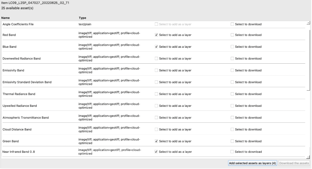 Screenshot of QGIS STAC API Browser plugin assets dialog box